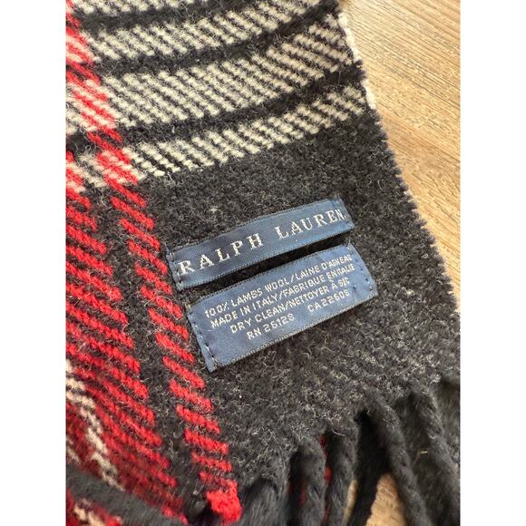 Vintage Ralph Lauren Red & Black Plaid Lambswool Fringed Scarf - Picture 2 of 7